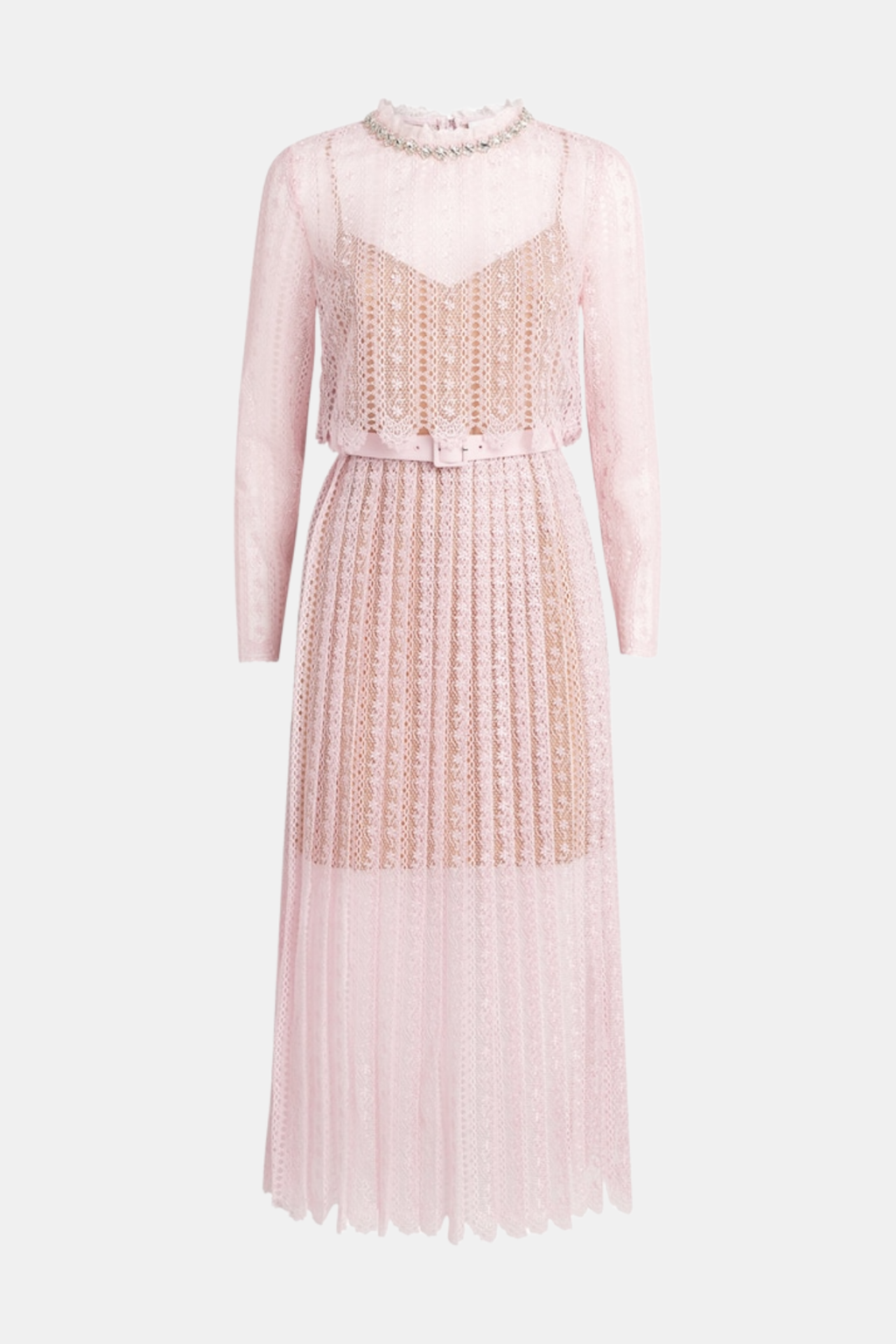 Emilo Crystal Embellished Lace Belted Maxi Dress