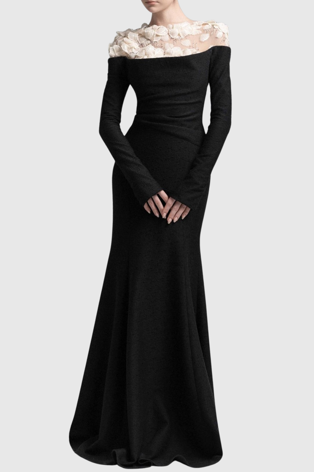 Estha Floral Embellished Draped Maxi Dress - Black