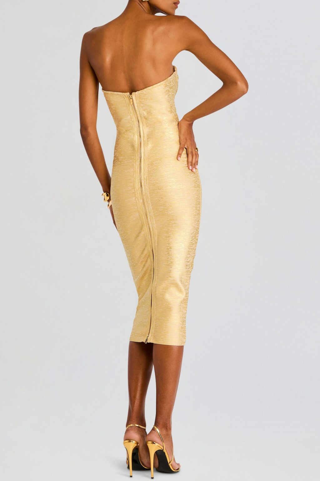 Galenia Strapless Metallic Midi Bandage Dress - Gold