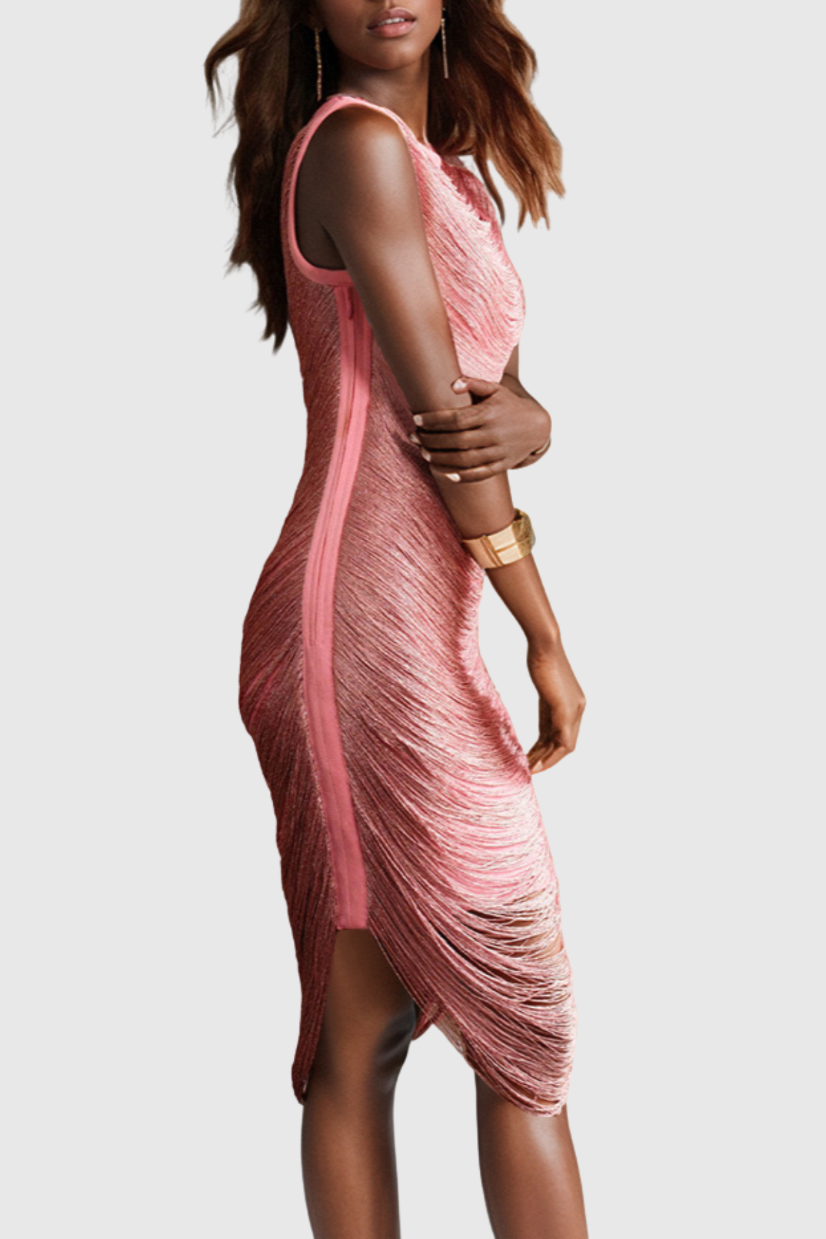 Gioia Sleeveless Fringe Midi Bandage Dress - Pink