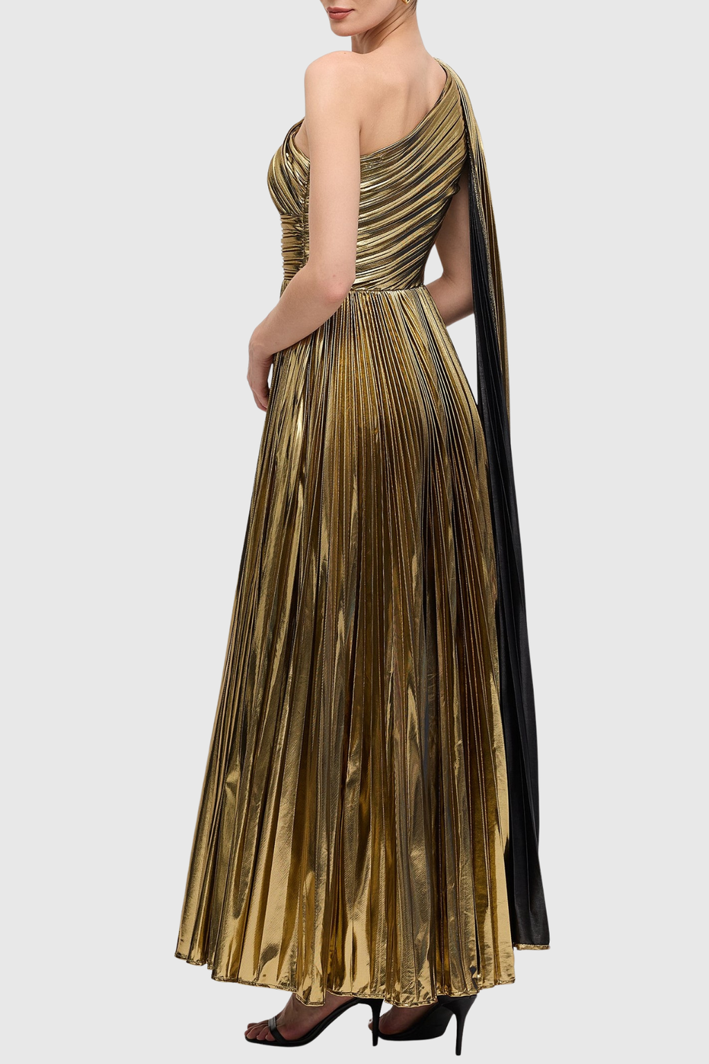 Guillo One Shoulder Metallic Pleated Maxi Dress - Gold