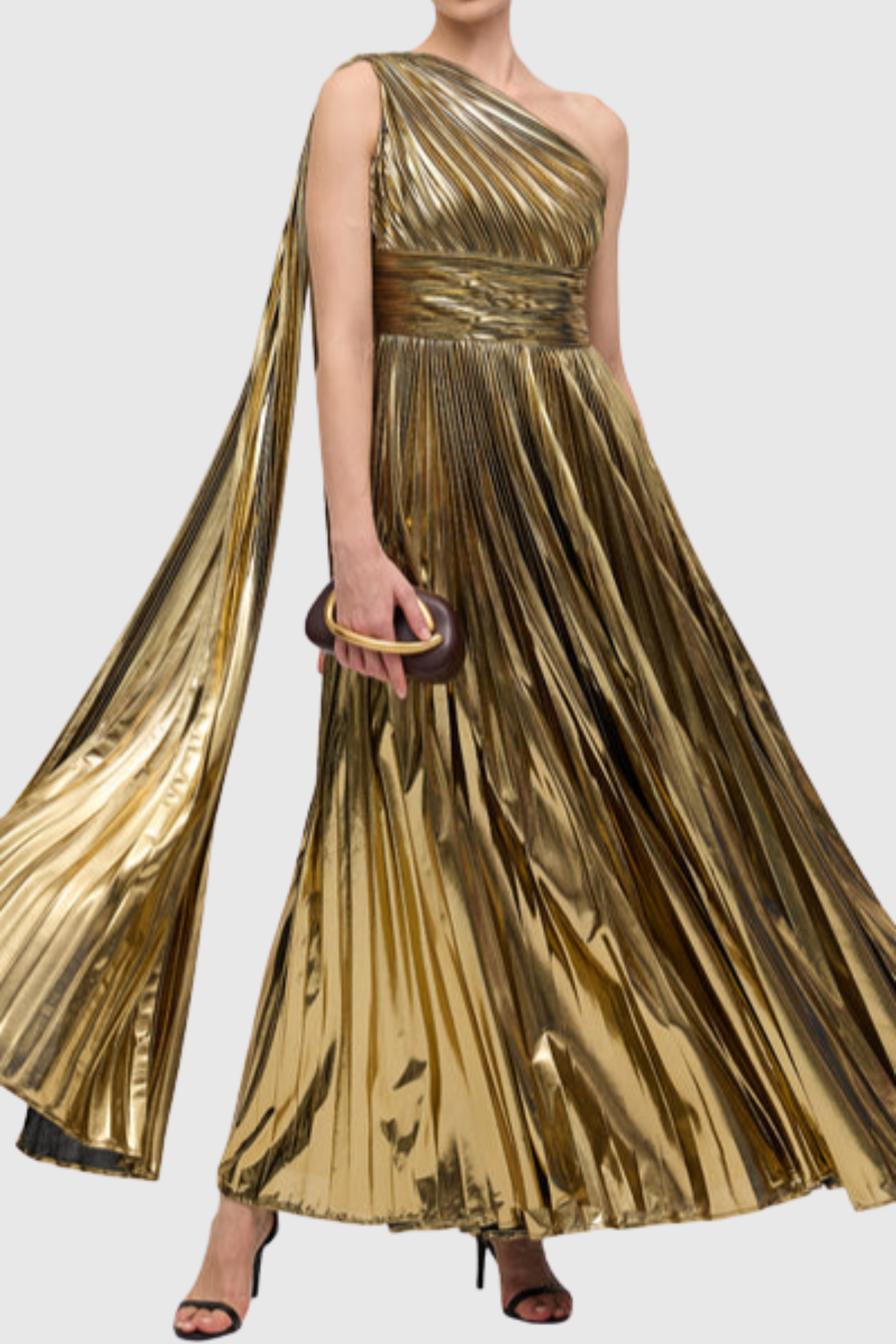 Guillo One Shoulder Metallic Pleated Maxi Dress - Gold