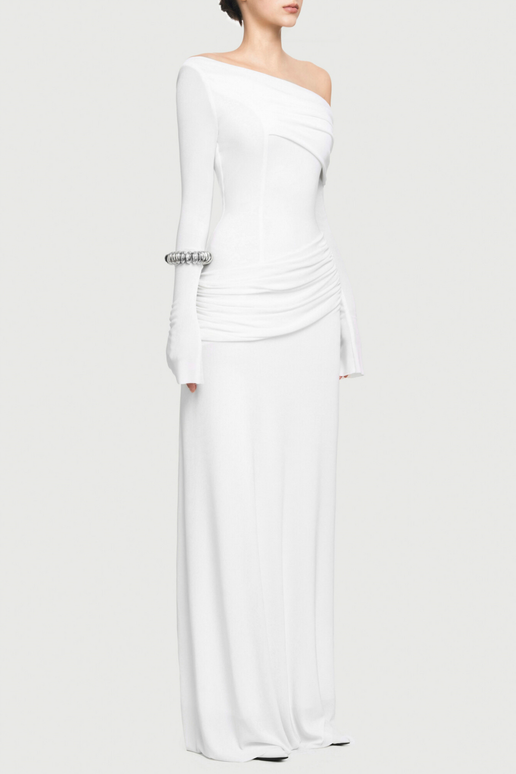 Gunnar Off Shoulder Asymmetric Ruched Maxi Dress - White