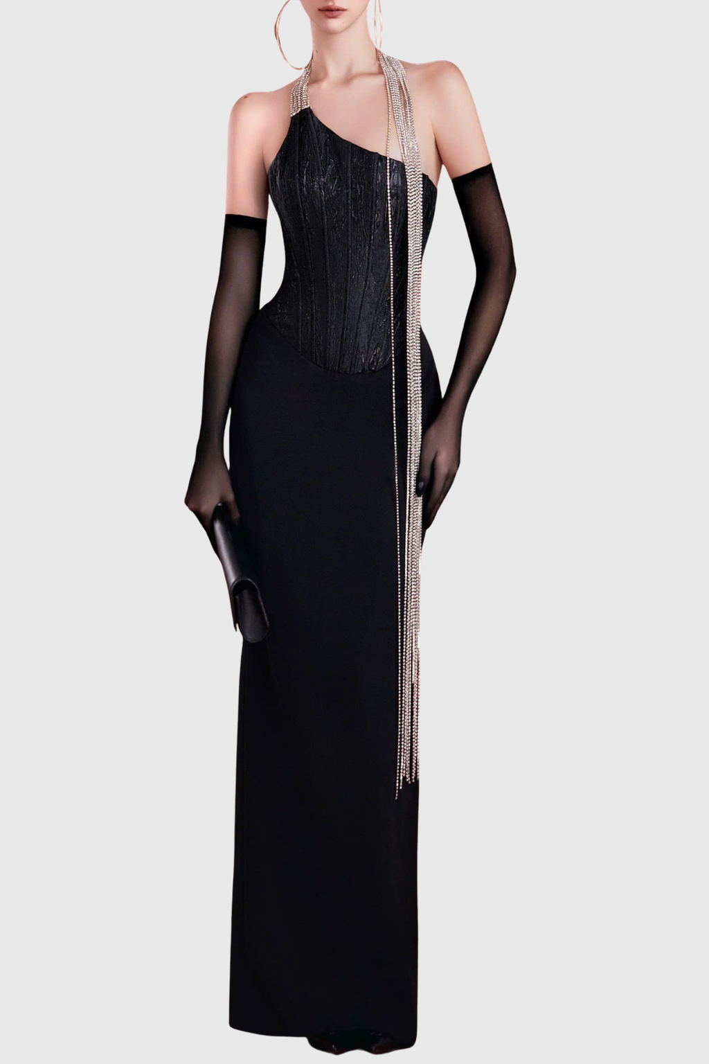Halima Halter Crystal Fringe Maxi Bandage Dress
