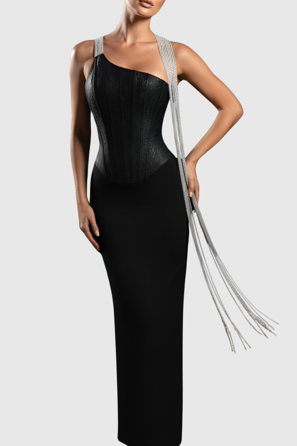Halima Halter Crystal Fringe Maxi Bandage Dress