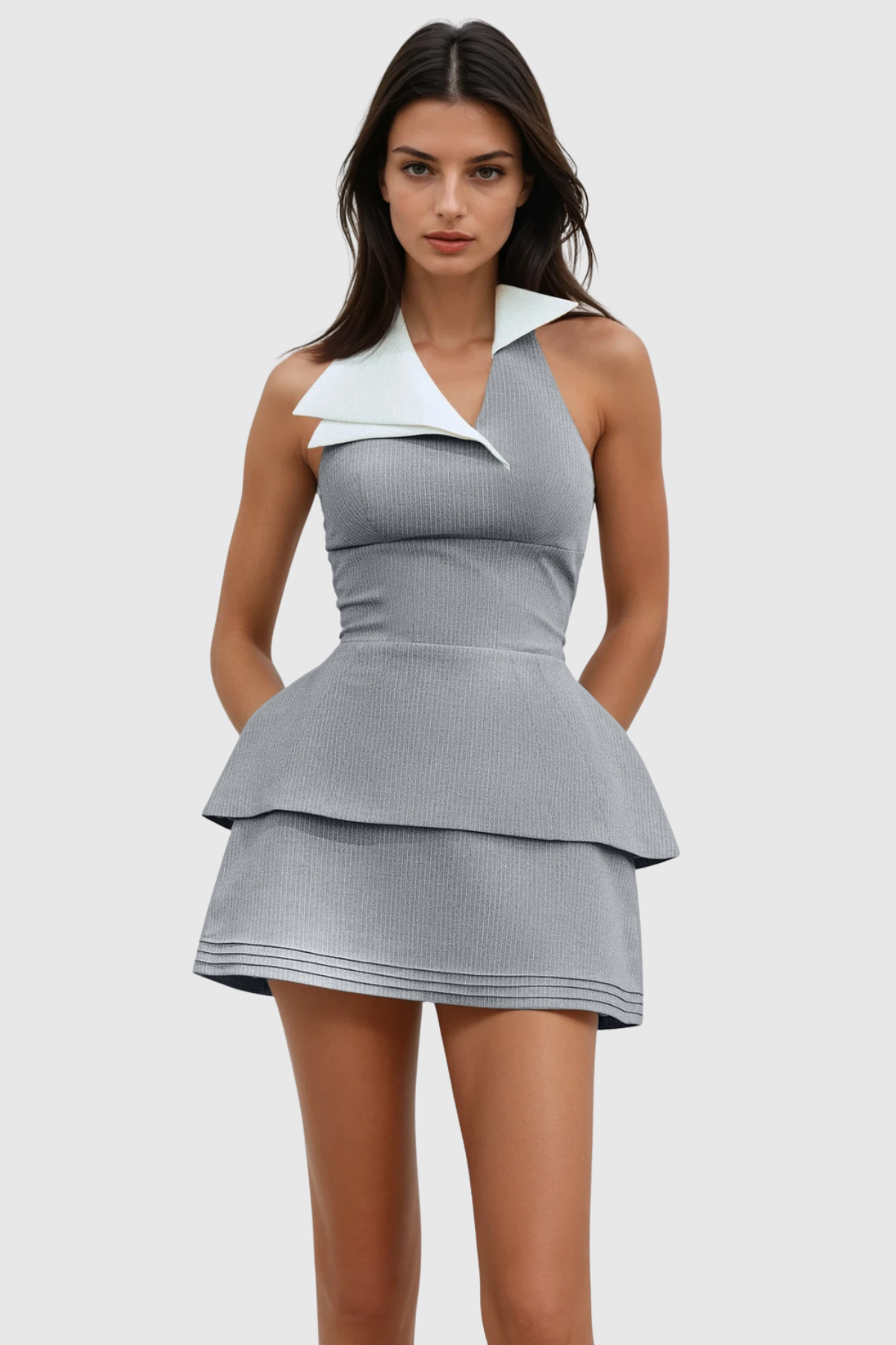 Hcona Halter Layered Pinstripe Mini Dress