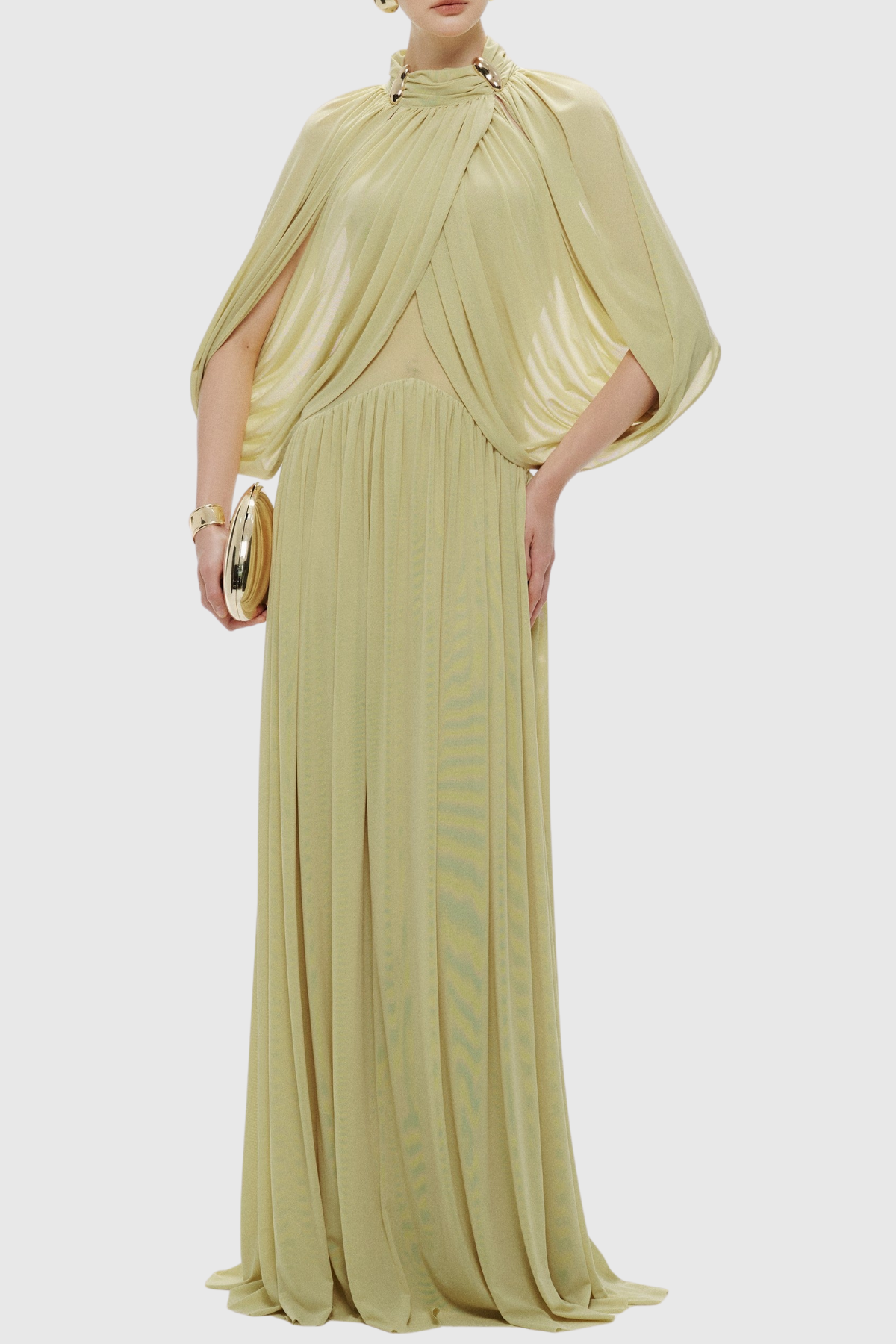 Hespia Ruched Cape Mesh Maxi Dress - Yellow
