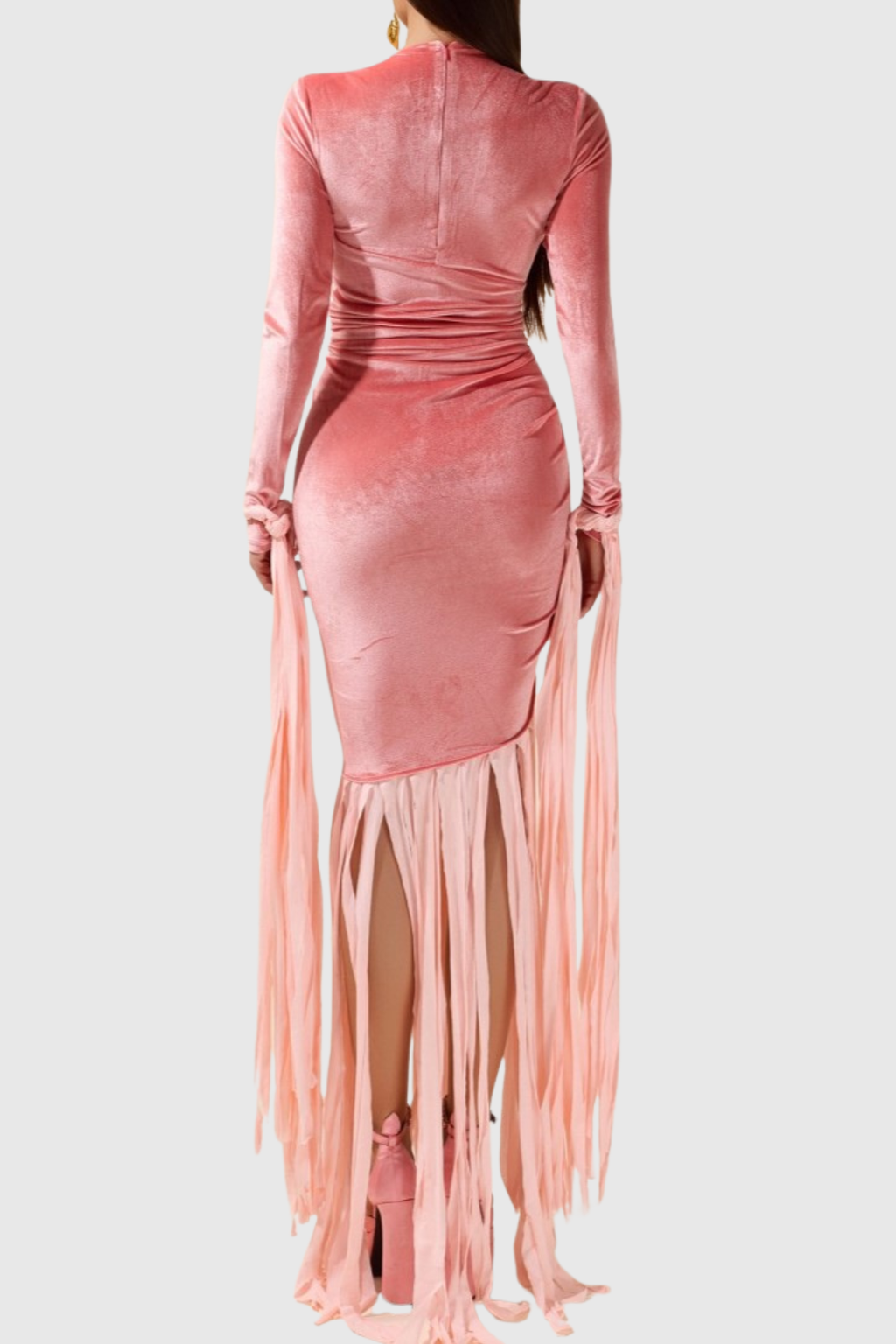 Hirst Velvet Ruched Fringed Maxi Dress