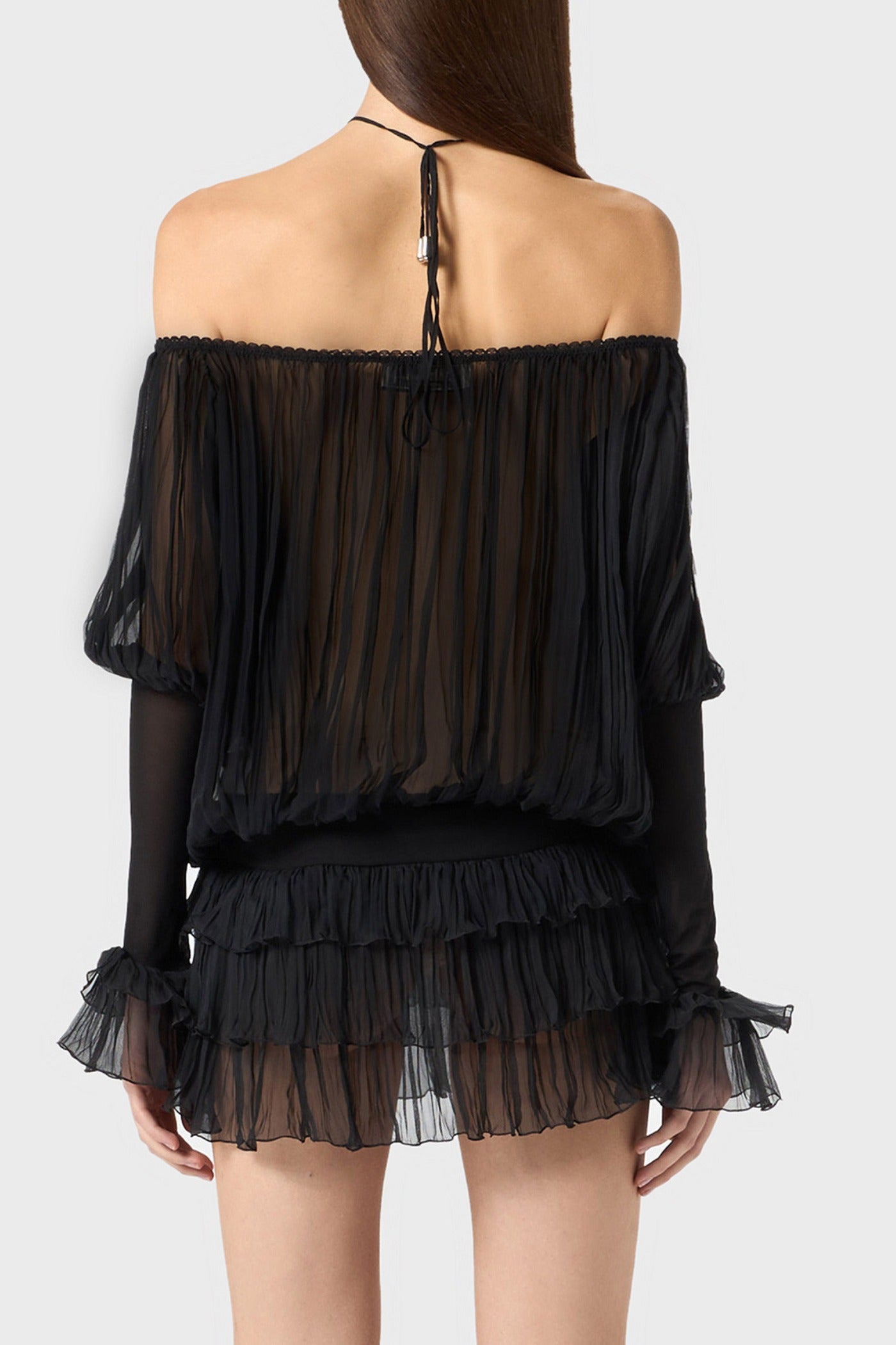 Inaki Halter Pleated Ruffle Mini Dress - Black