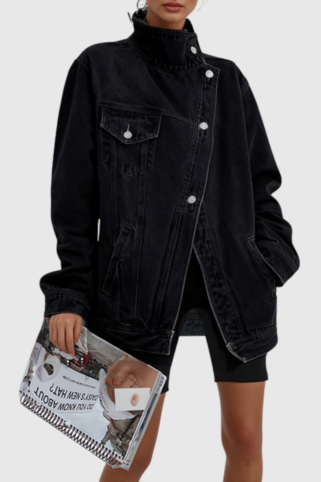 Ishia Asymmetric Deconstruct Denim Jacket - Black