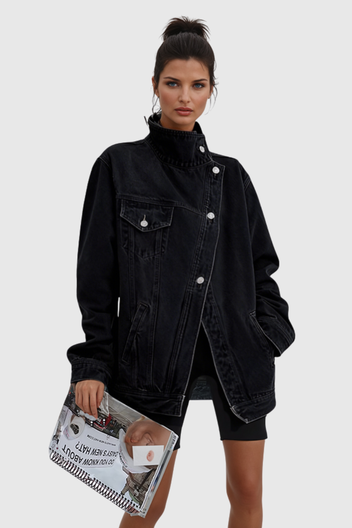 Ishia Asymmetric Deconstruct Denim Jacket - Black