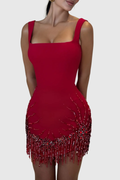 Issa Crystal Bead Embellished Mini Bandage Dress - Red