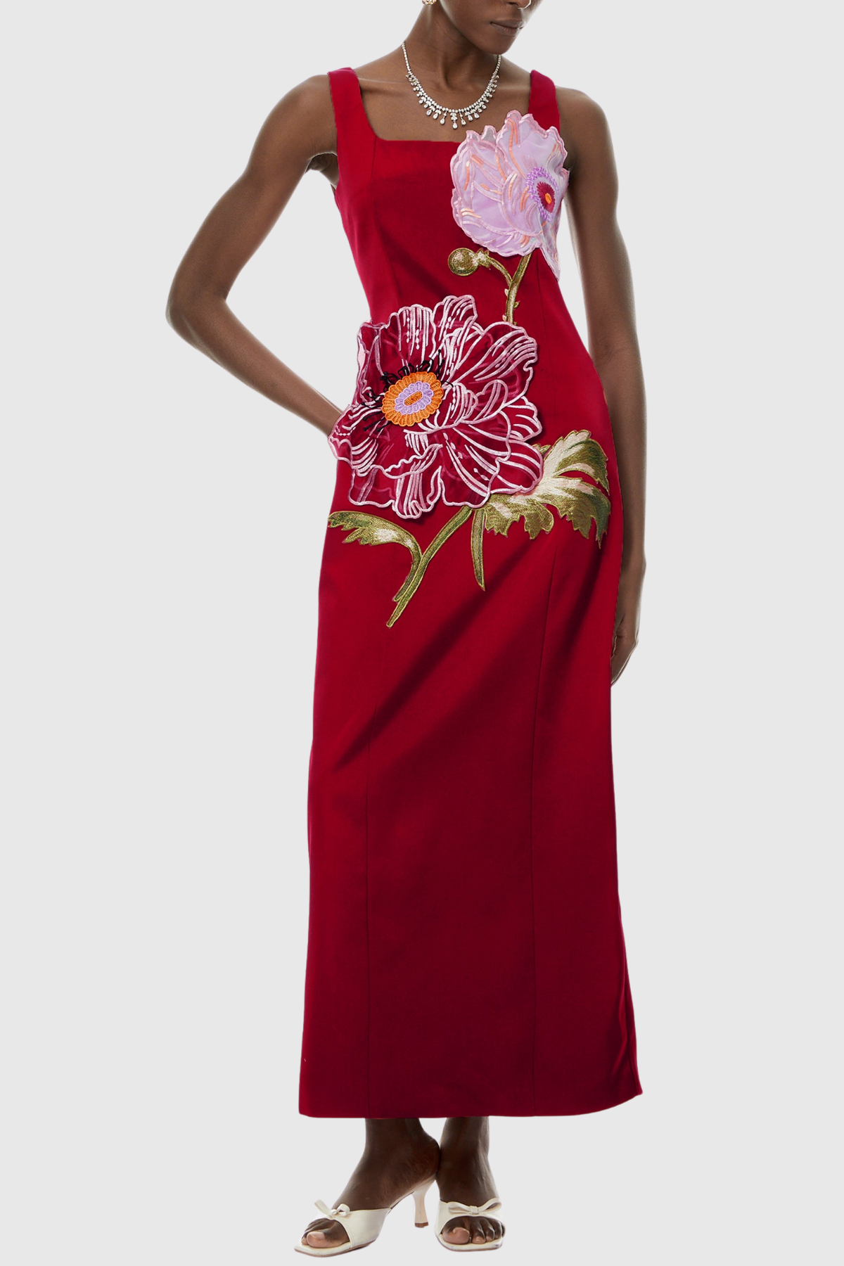 Jireh Floral Embroidery Maxi Dress - Red