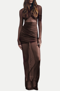 Jolleen Ruched Mesh Maxi Dress - Brown