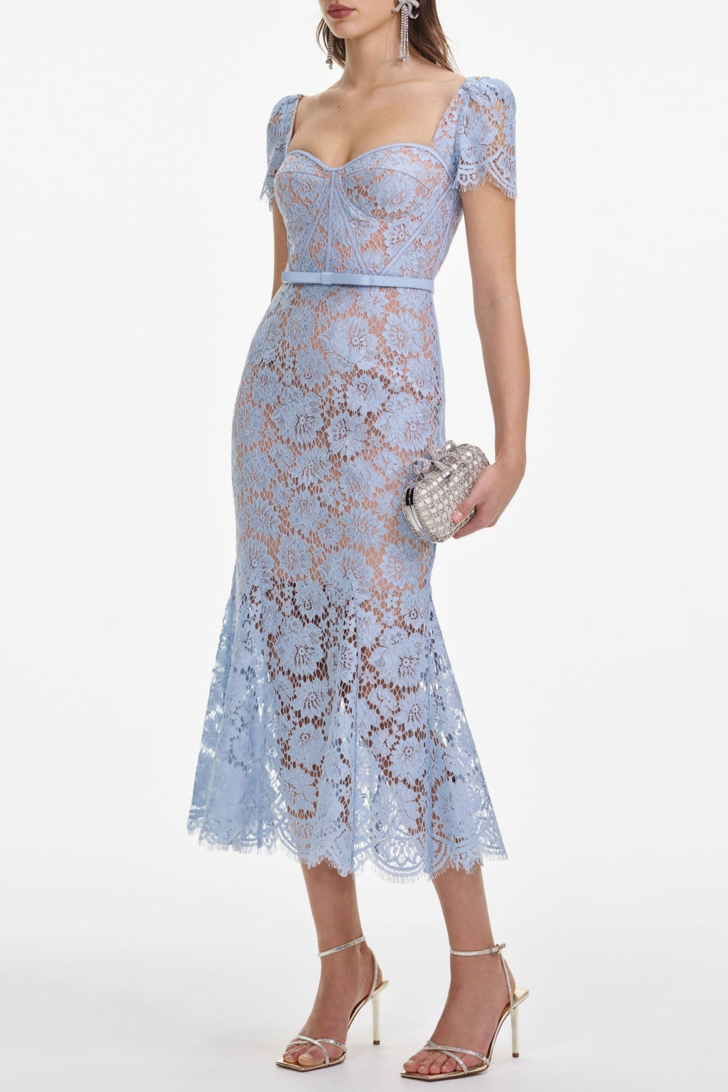 Josef Lace Bow Belted Midi Dress - Blue