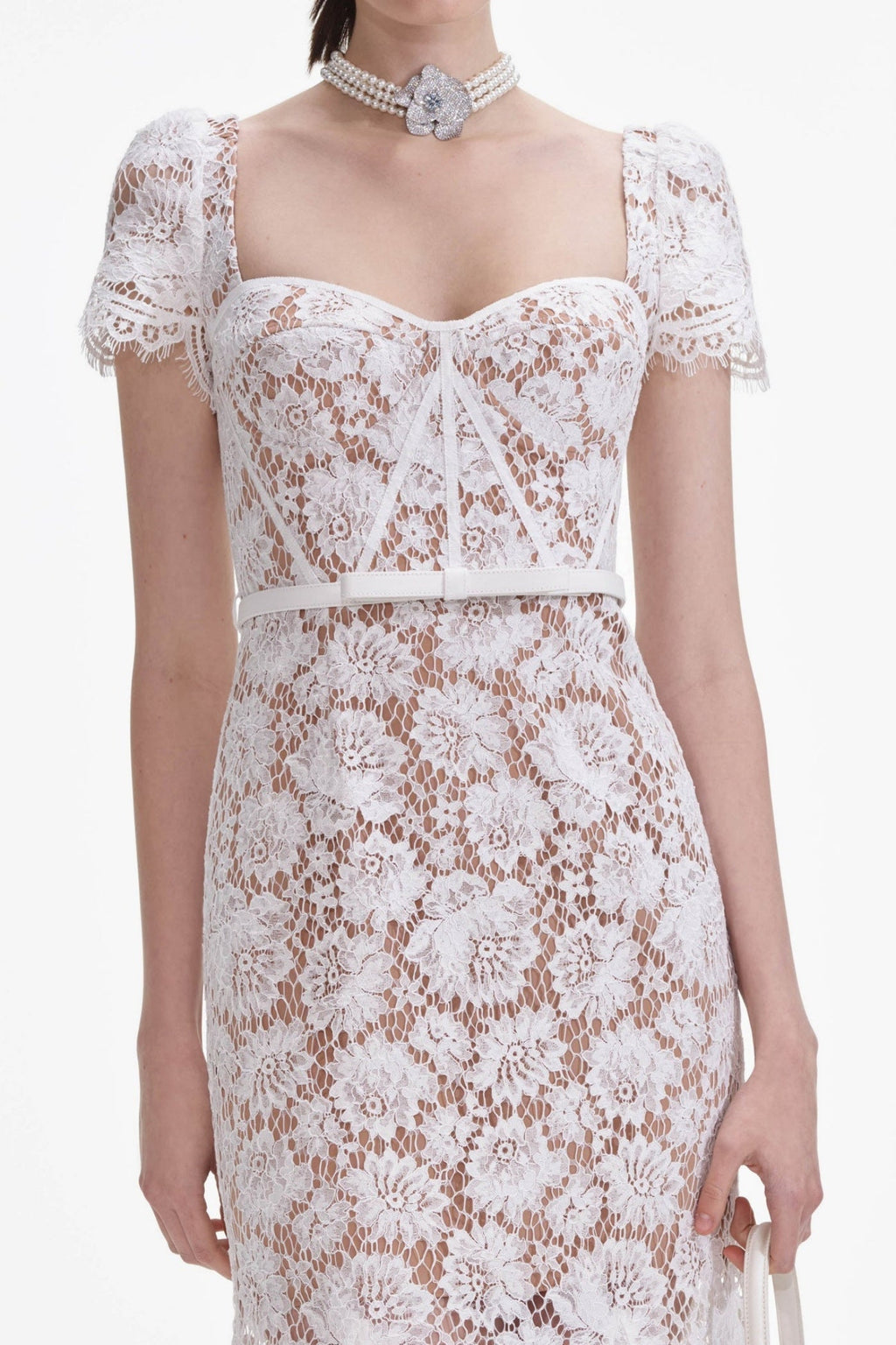 Josef Lace Bow Belted Midi Dress - White