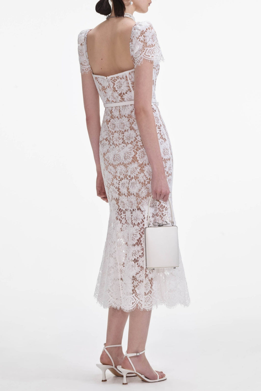 Josef Lace Bow Belted Midi Dress - White