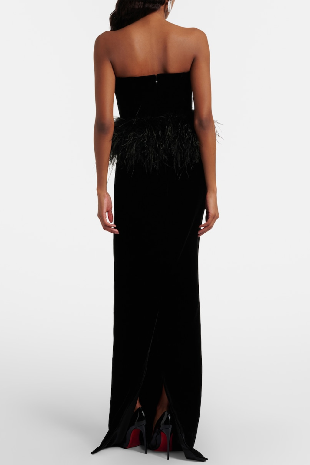 Jovana Strapless Feather Trim Velvet Maxi Dress