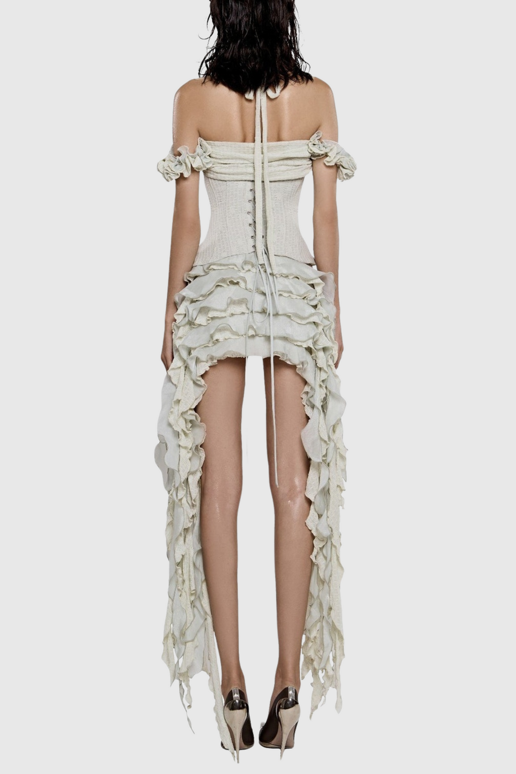 Juricn Halter Corset Ruffle Fringe Mini Dress - Beige