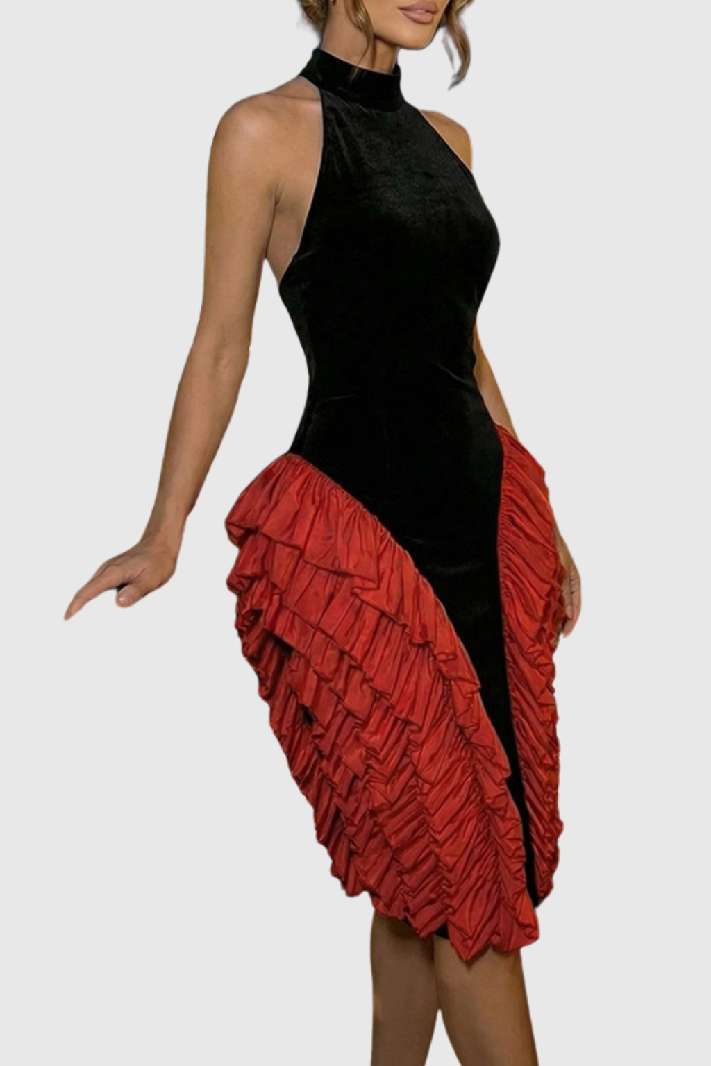 Kacea Halter Velvet Ruffle Midi Dress - Red