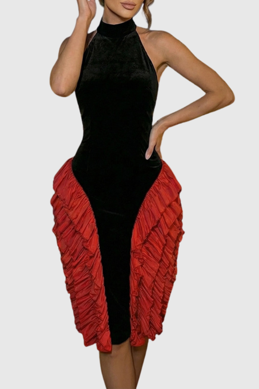 Kacea Halter Velvet Ruffle Midi Dress - Red