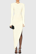 Kaede Asymmetric Pad Shoulder Midi Dress - Beige