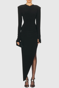 Kaede Asymmetric Pad Shoulder Midi Dress - Black