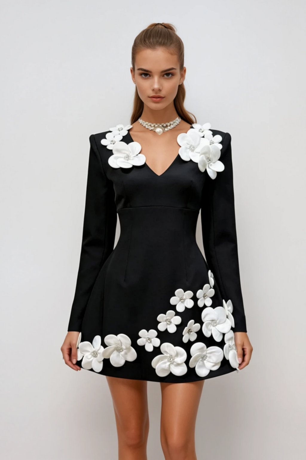 Kairo Floral Appliqué Long Sleeve Mini Dress