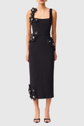 Kaprisha Floral Appliqué Embellished Midi Dress - Black