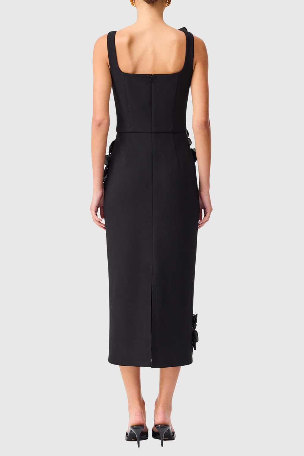 Kaprisha Floral Appliqué Embellished Midi Dress - Black