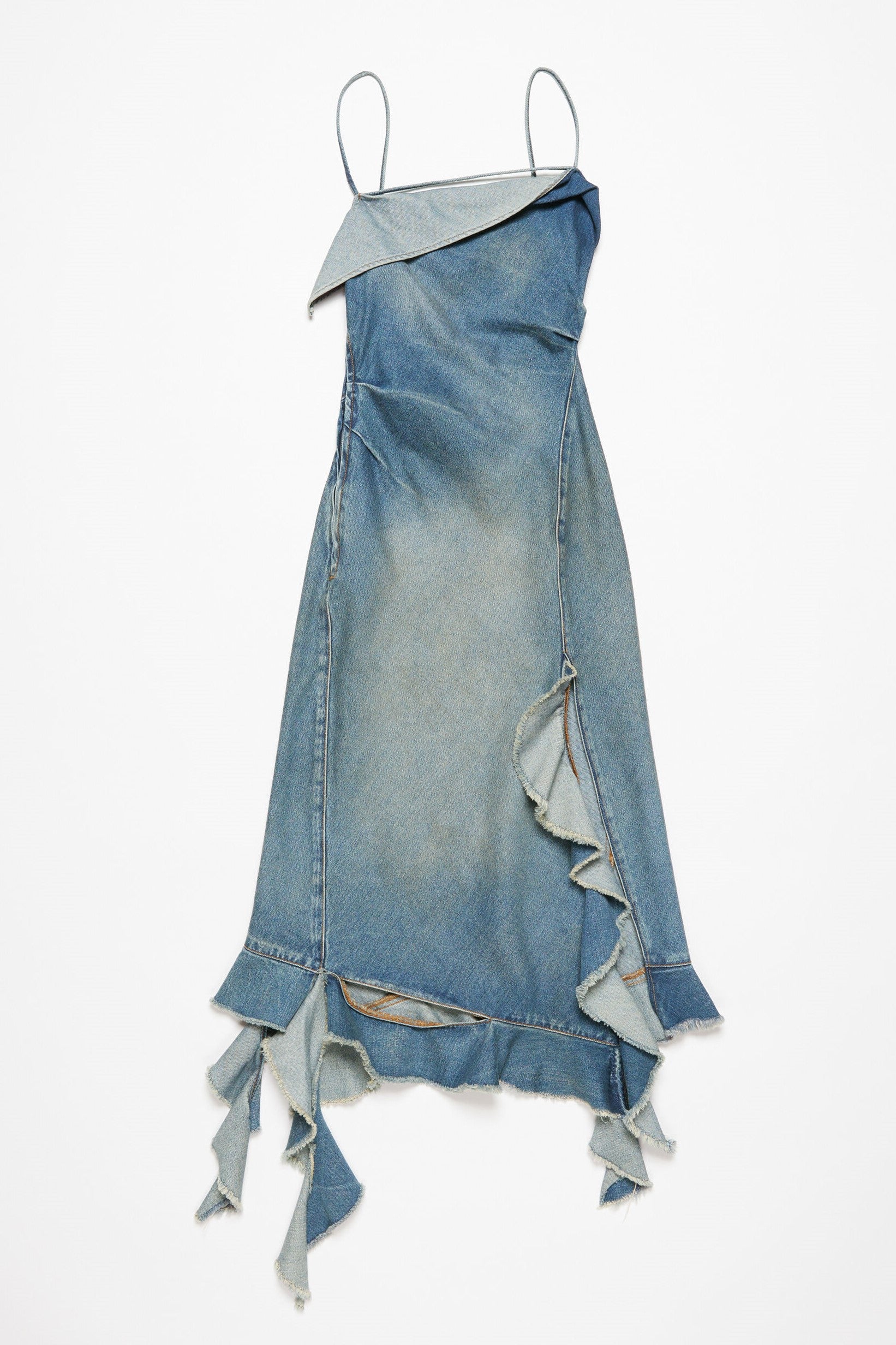 Kenzia Asymmetric Denim Ruffle Midi Dress