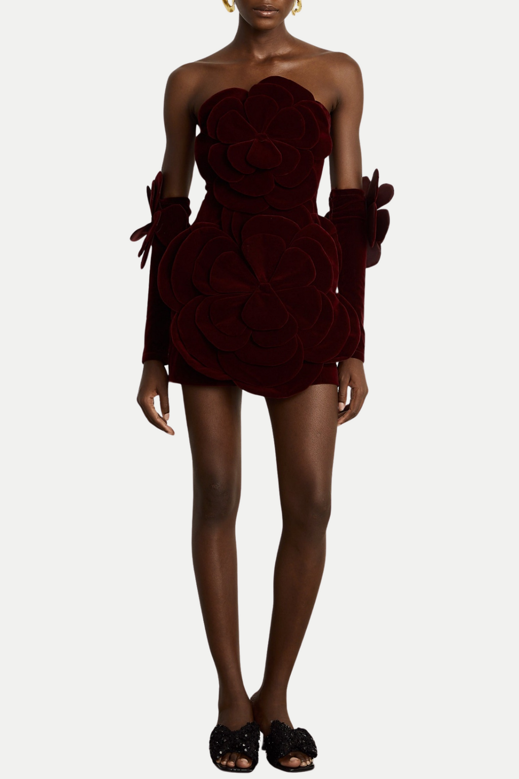 Kerio Floral Appliqué Velvet Mini Dress - Red