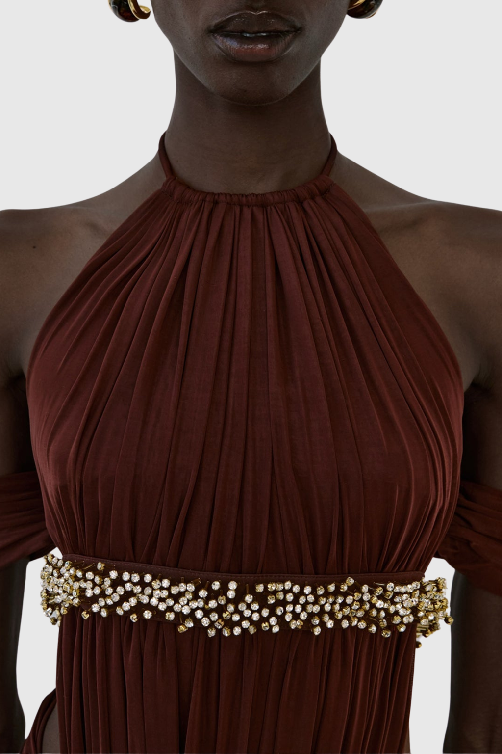 Khya Crystal Embellished Halter Ruched Maxi Dress