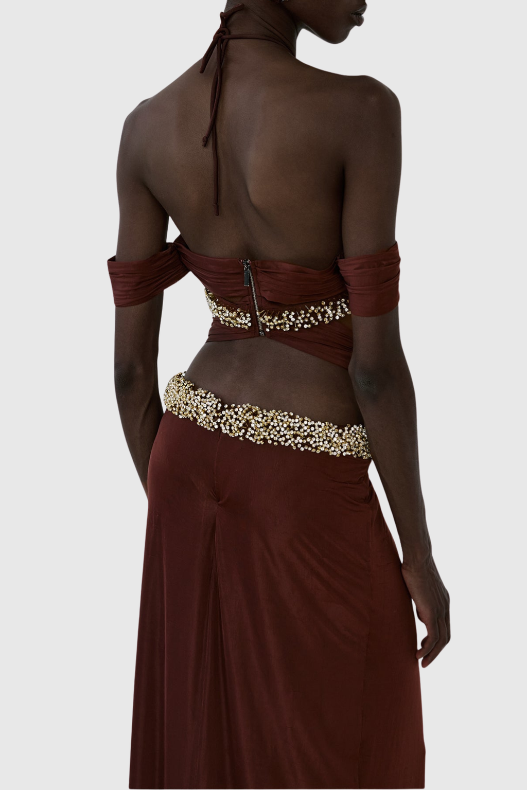 Khya Crystal Embellished Halter Ruched Maxi Dress