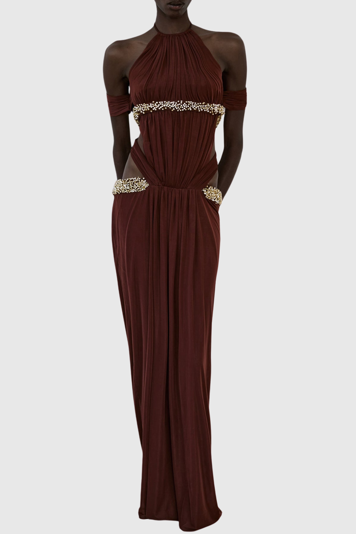 Khya Crystal Embellished Halter Ruched Maxi Dress