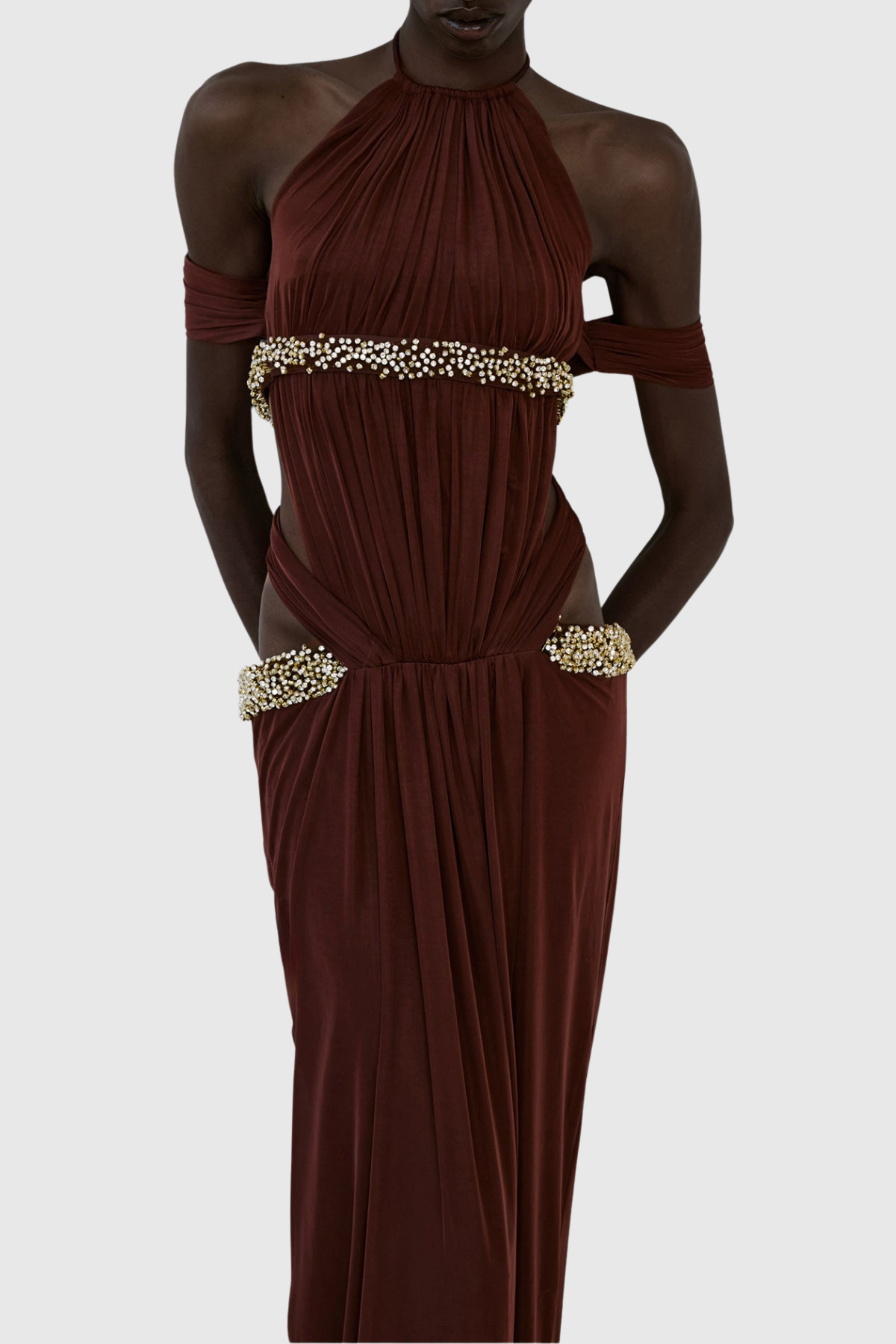 Khya Crystal Embellished Halter Ruched Maxi Dress