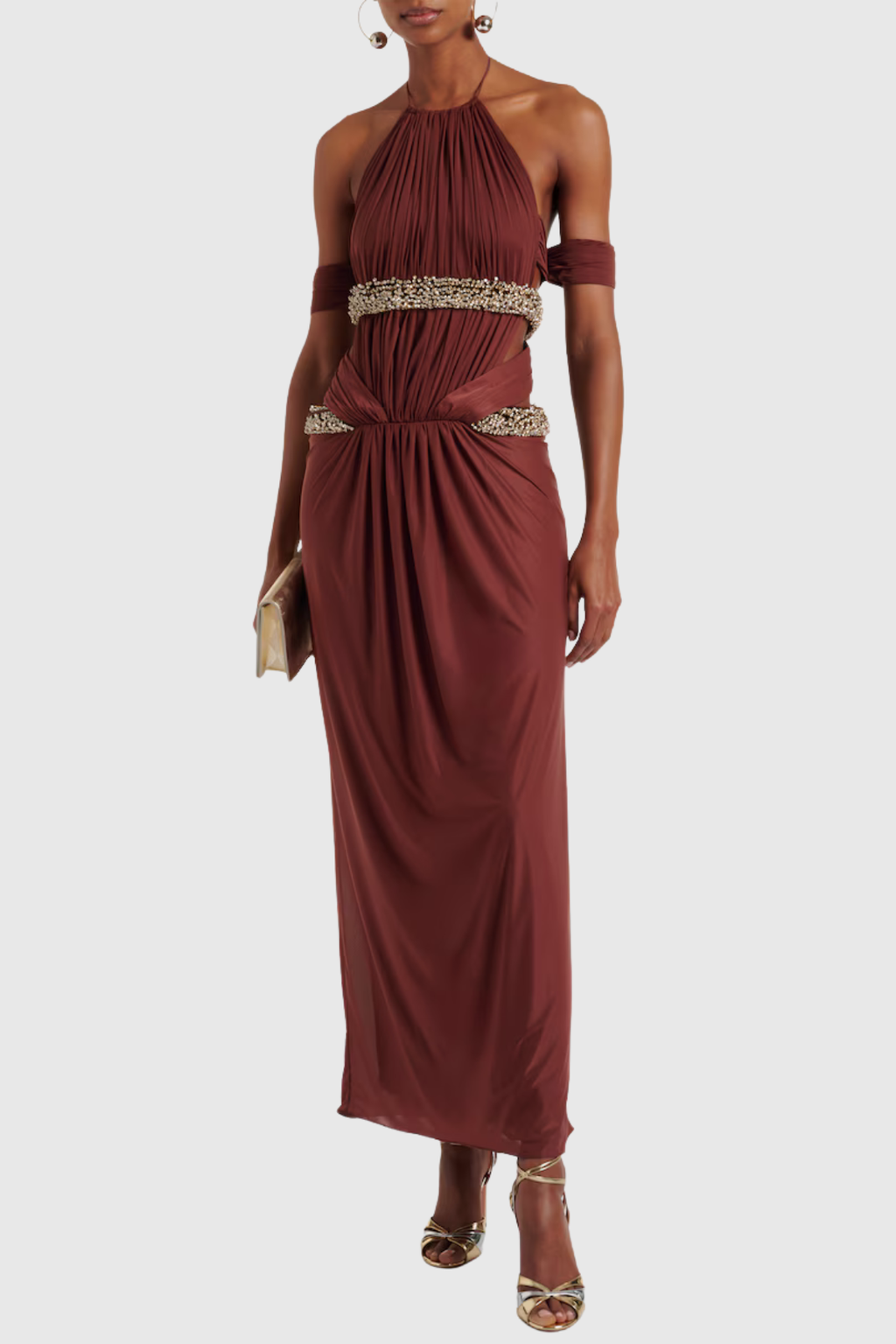 Khya Crystal Embellished Halter Ruched Maxi Dress