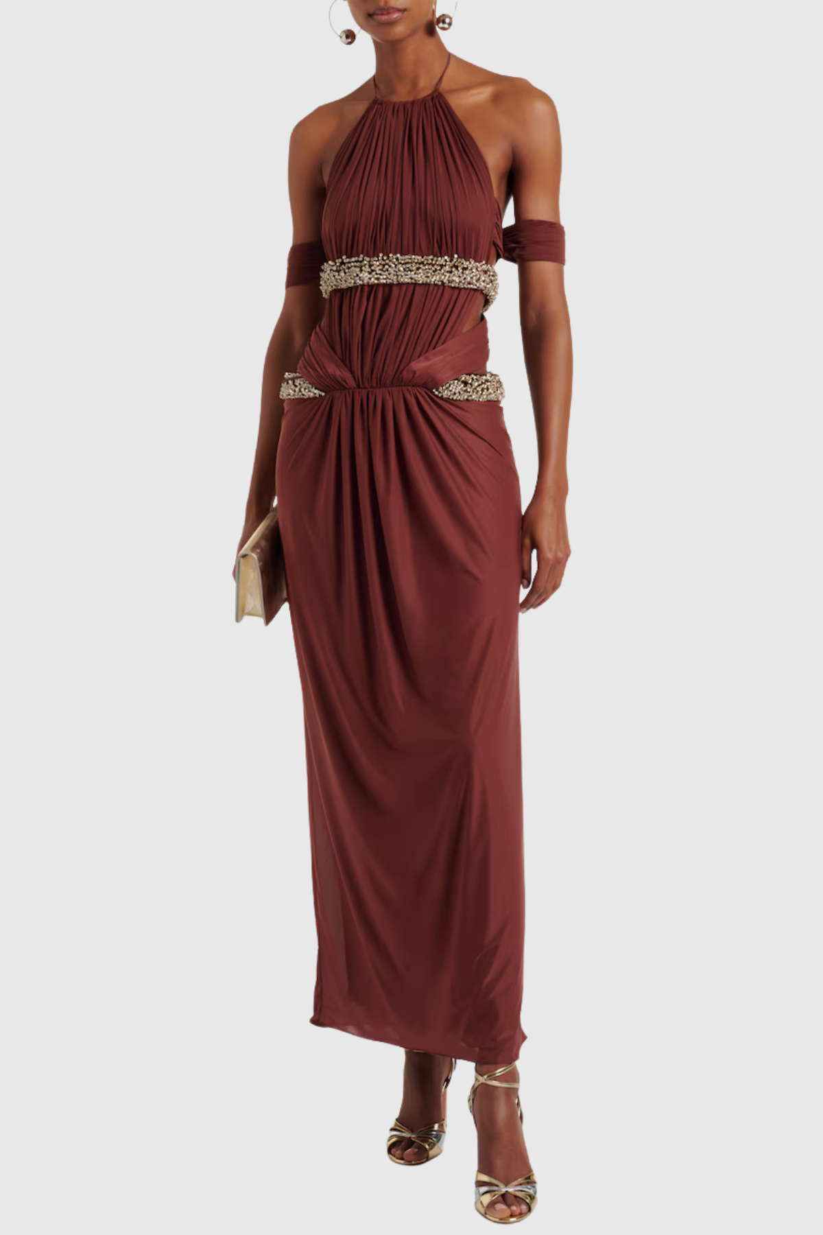 Khya Crystal Embellished Halter Ruched Maxi Dress