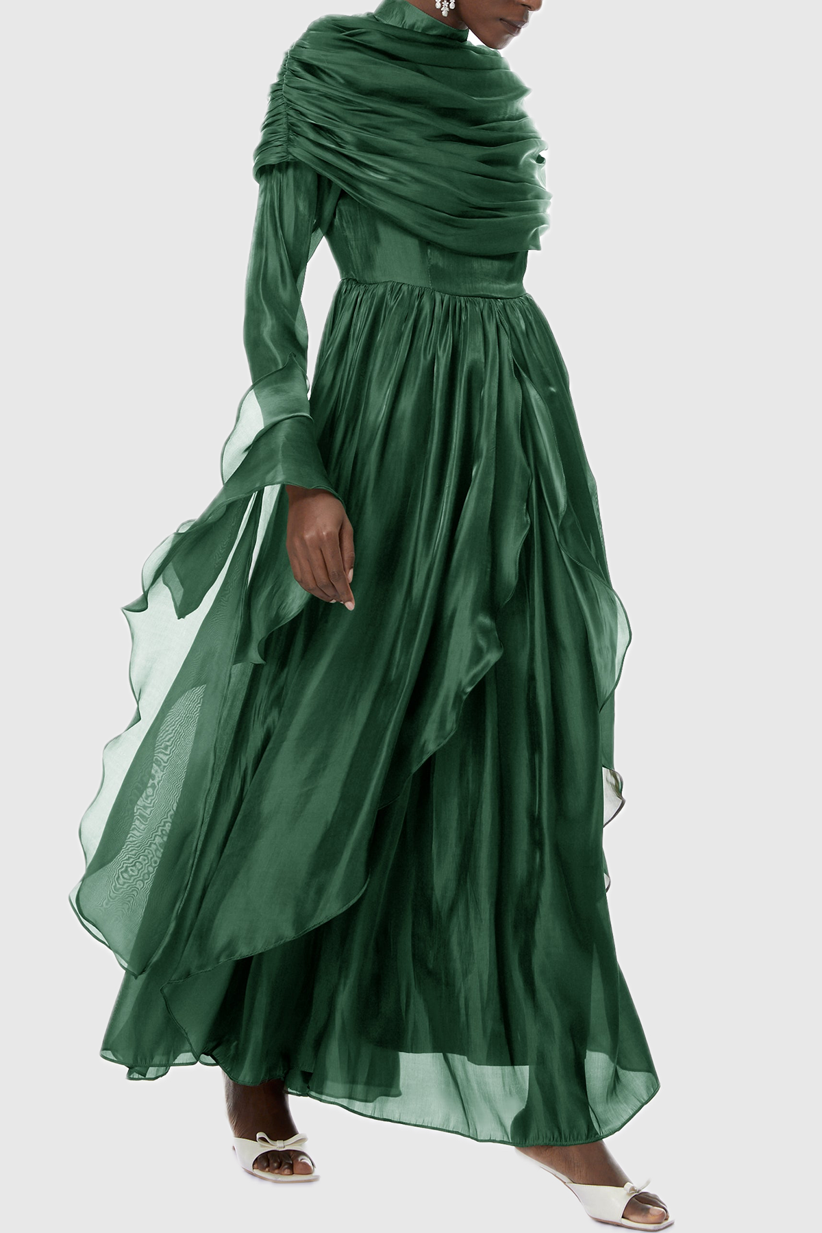 Kruzo Ruched Cape Ruffle Maxi Dress - Green