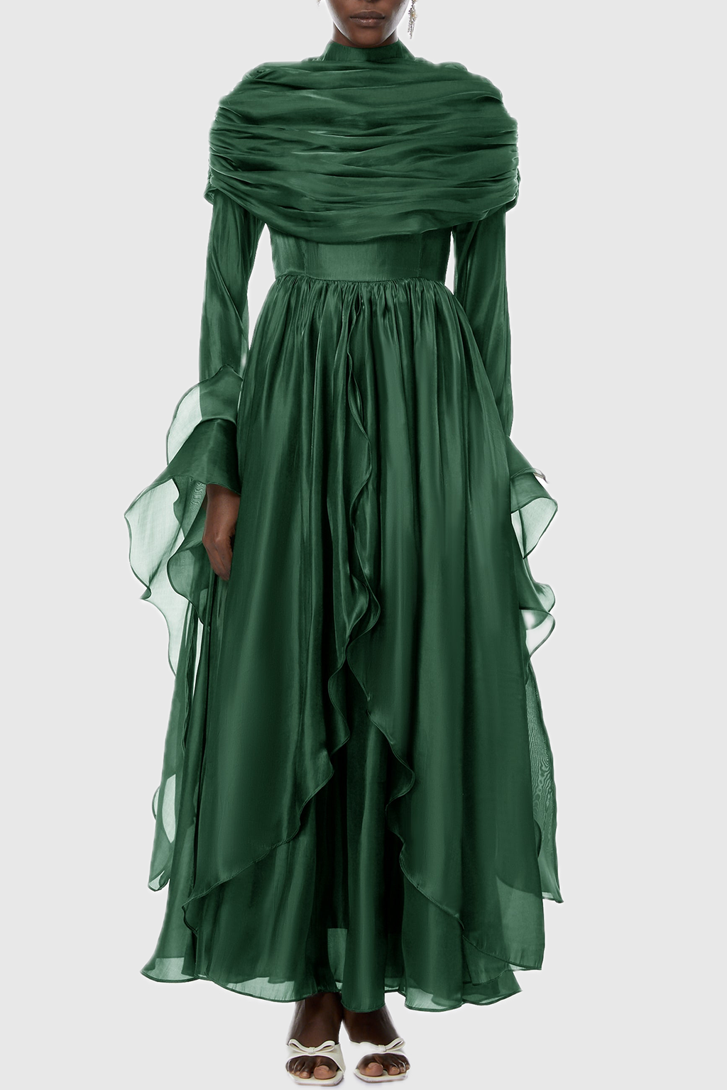 Kruzo Ruched Cape Ruffle Maxi Dress - Green