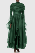 Kruzo Ruched Cape Ruffle Maxi Dress - Green