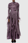 Kruzo Ruched Cape Ruffle Maxi Dress - Purple