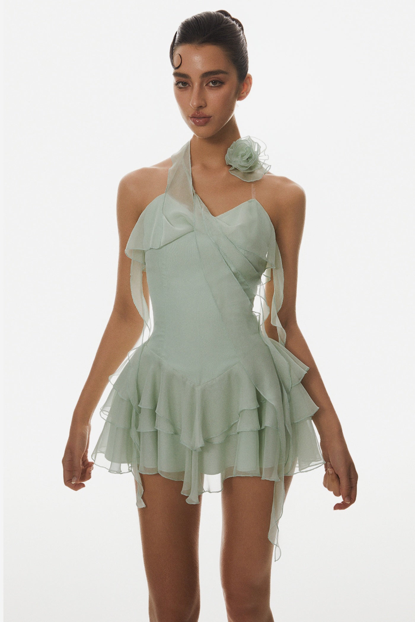 Kyrie Halter Floral Ruffle Mini Dress - Green