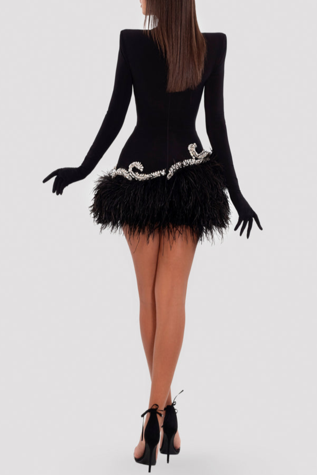 Larksa Crystal Embellished Velvet Feather Mini Dress