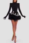 Larksa Crystal Embellished Velvet Feather Mini Dress