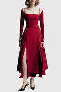 Ledie Off Shoulder Belted Slit Midi Dress - Red