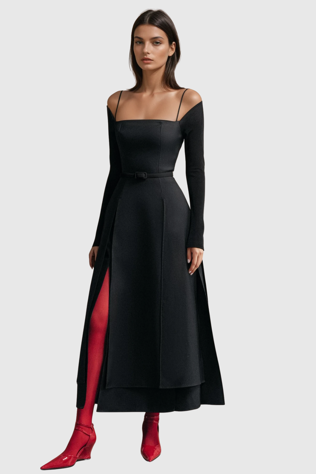 Ledie Off Shoulder Belted Slit Midi Dress - Black