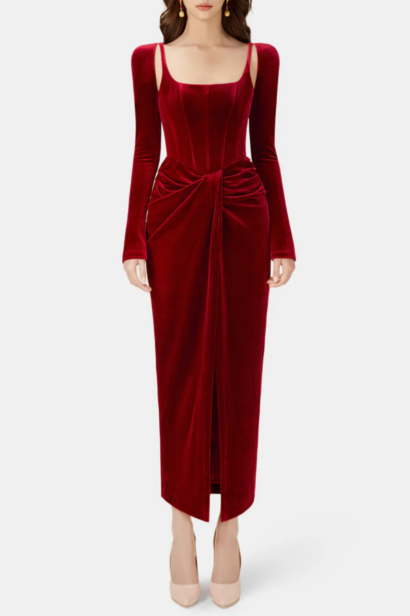 Renwick Velvet Corset Midi Dress - Wine