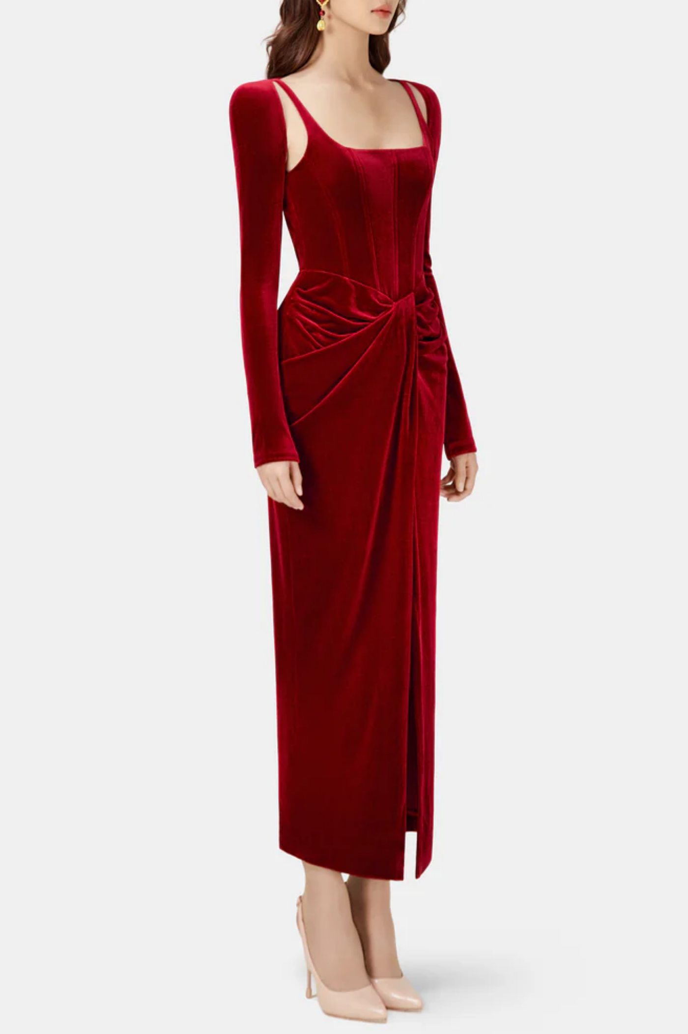 Renwick Velvet Corset Midi Dress - Wine