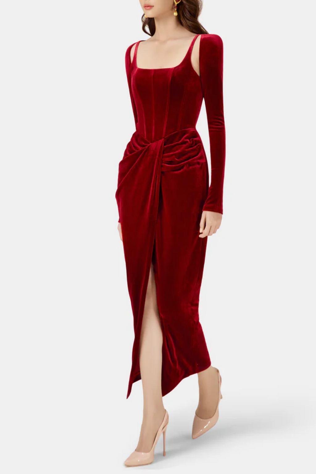 Renwick Velvet Corset Midi Dress - Wine